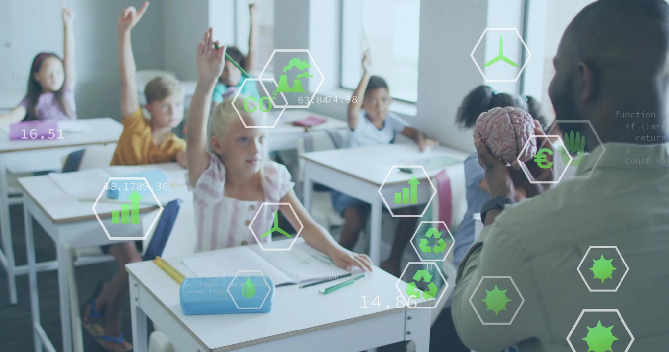 Teacher holding brain model initiating icons fading in while students raising hands for science
