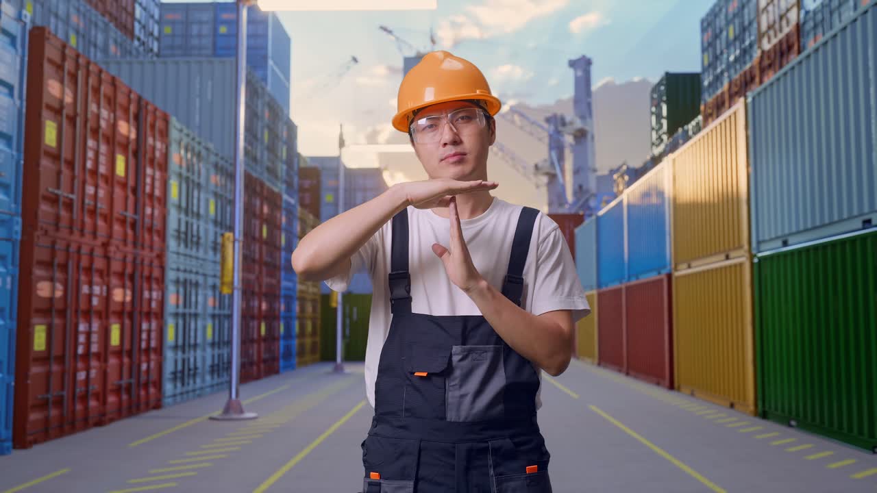 hombre asiático trabajador con gafas de protección y casco de seguridad mirando a la cámara y mostrando el tiempo de salida manos gesto mientras estaba de pie en el almacén del patio de contenedores