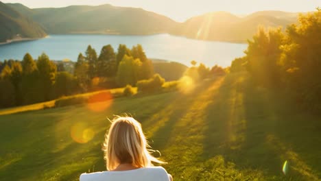 woman sitting on a hill overlooking a lake at sunset