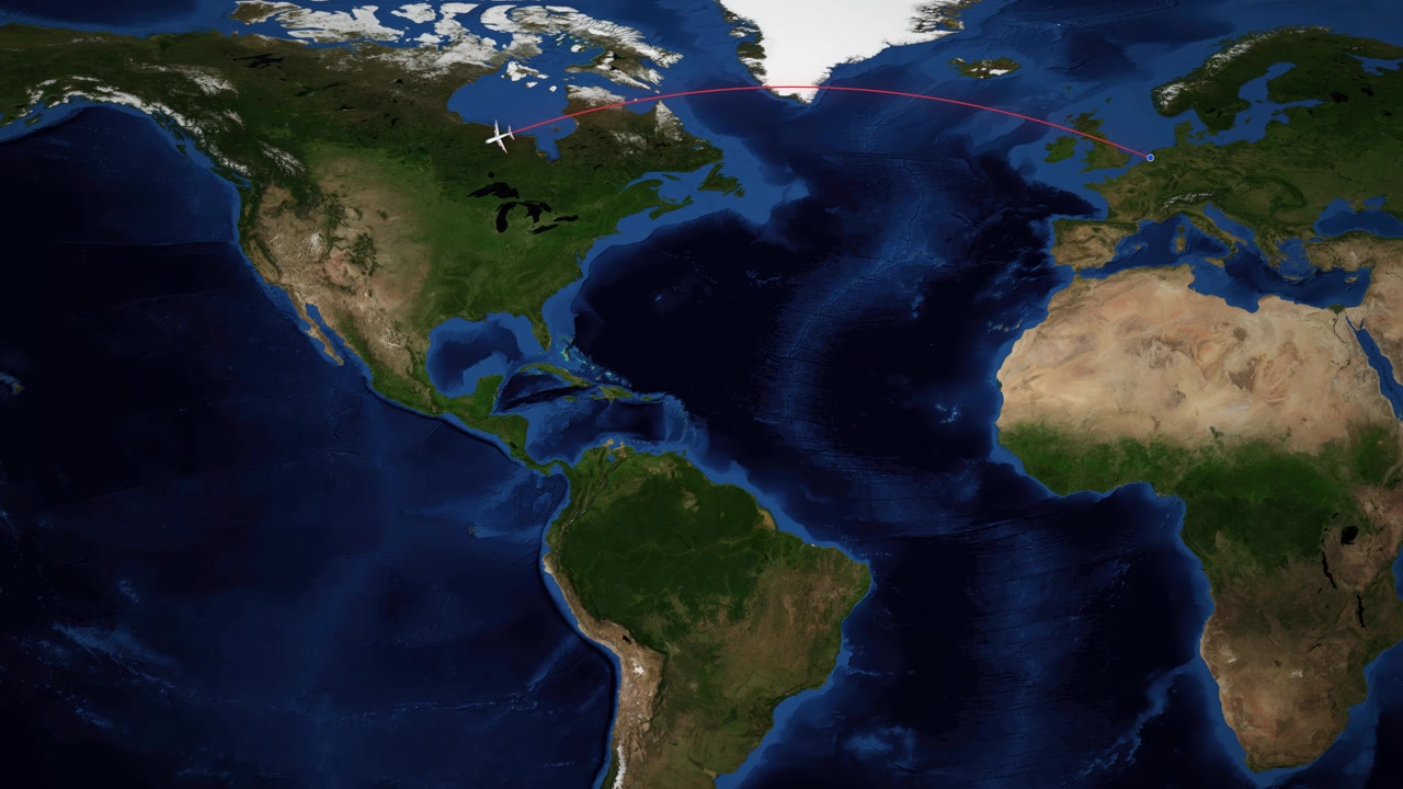 Animazione di una mappa satellitare del mondo che segue un aereo in volo da Amsterdam a San Francisco attraverso gli oceani