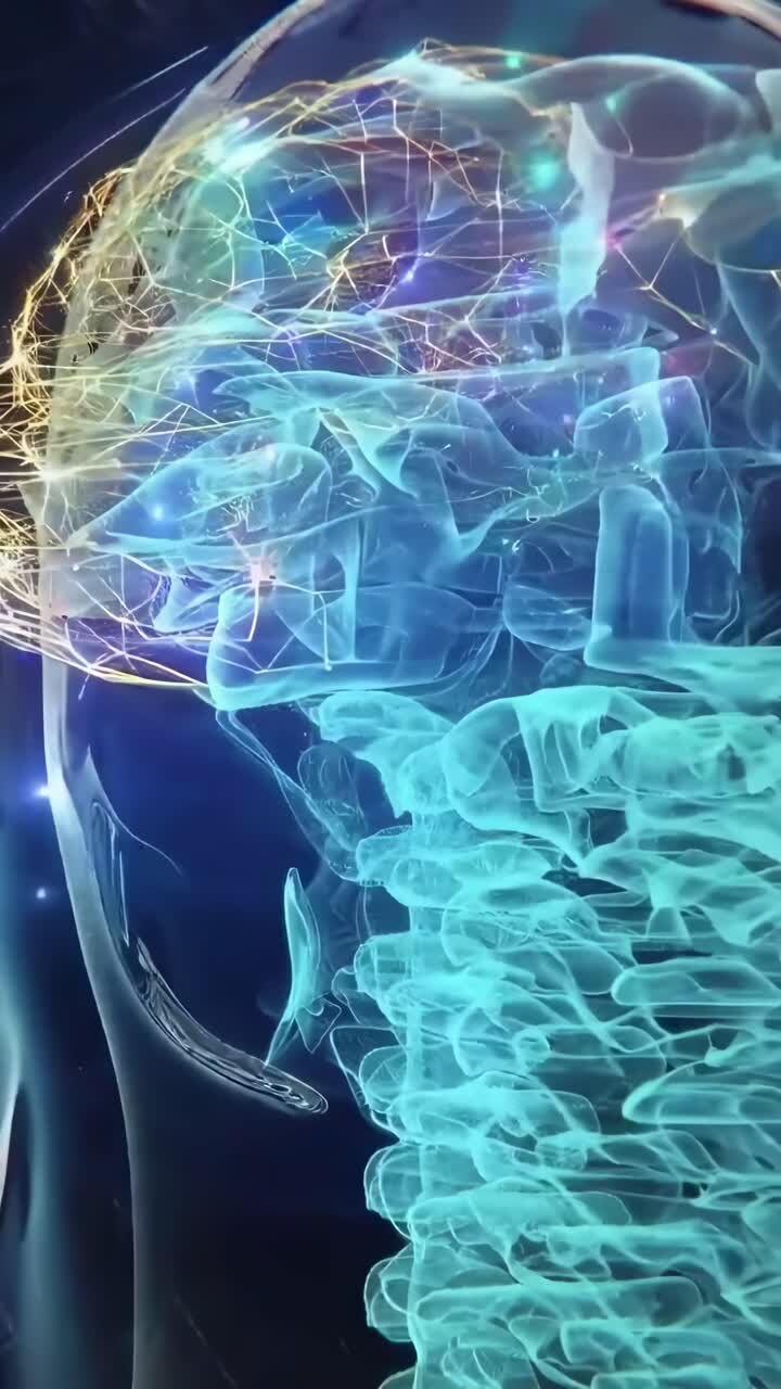 Vista laterale di un cervello luminoso con connessioni neurali, in uno stile video futuristico