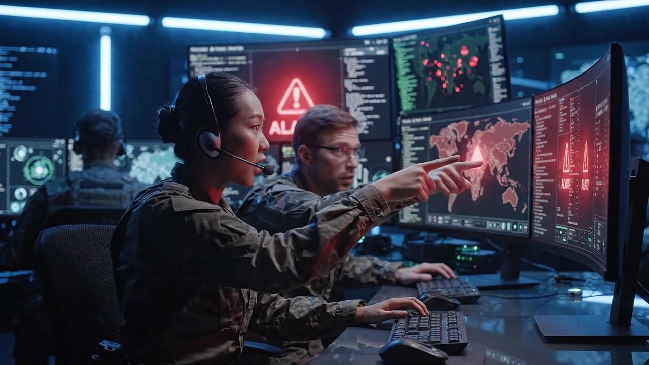 Military personnel conducting intense operations at high-tech command center, analyzing critical data and monitoring global situations with advanced surveillance technology.