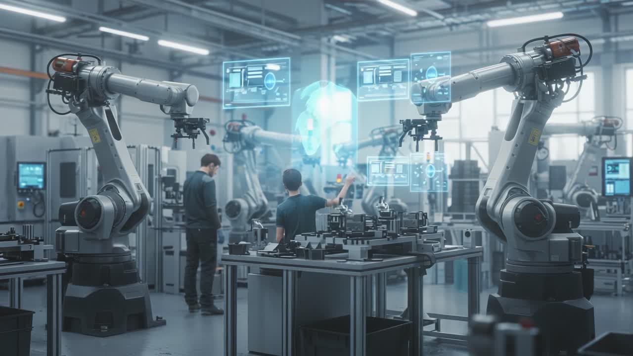 Exploring Advanced Robotics in Modern Manufacturing: Two Frames Capturing Engineers Utilizing High-Tech Robots for Efficient Production and Innovation in a Cutting-Edge Facility