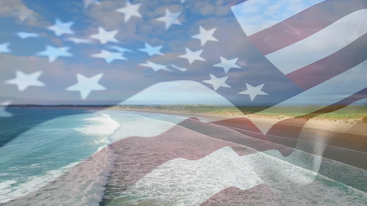 animación de la bandera de los estados unidos ondeando sobre el paisaje de la playa