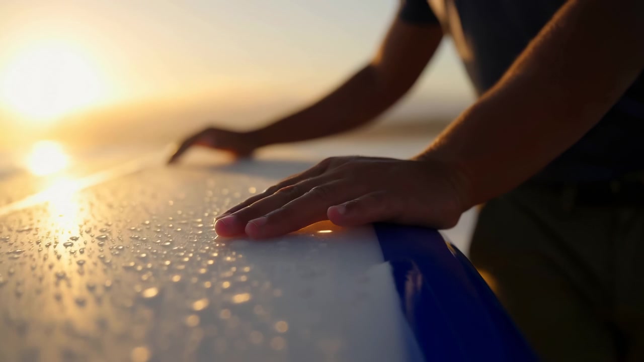 Low-angle view of hands and forearms resting on wet glossy surfboard deck while sunset light creates warm reflections, soft bokeh, calm beach atmosphere, anticipation, outdoor sport