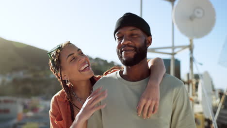 interracial couple, hug and bonding on city