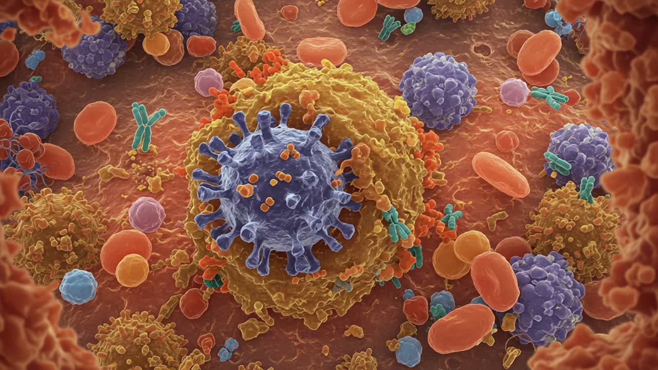 Microscopic View of Viral Activity and Immune Response: An Intricate Interaction Among Cells, Viruses, and Antibodies Captured in Vibrant Detail
