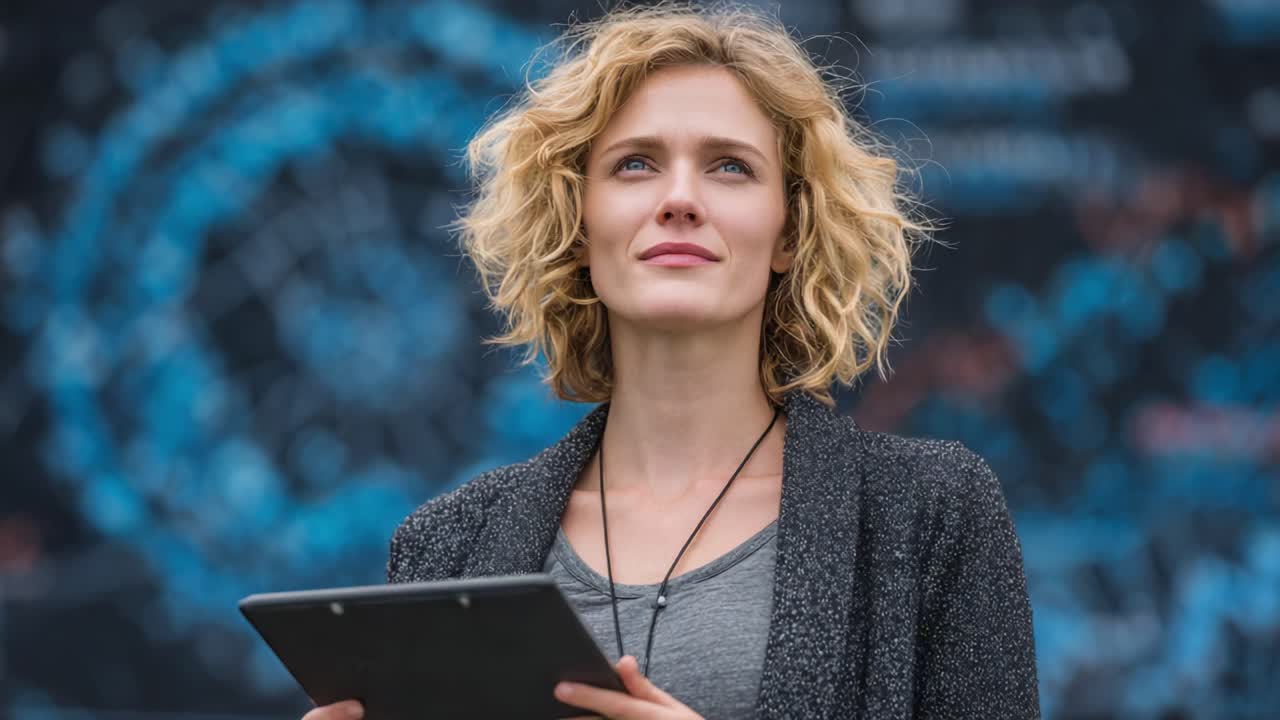 A thoughtful woman stands confidently, clutching a tablet, reflecting on her surroundings against a backdrop of cosmic illustrations and vibrant colors, embodying curiosity and intellect