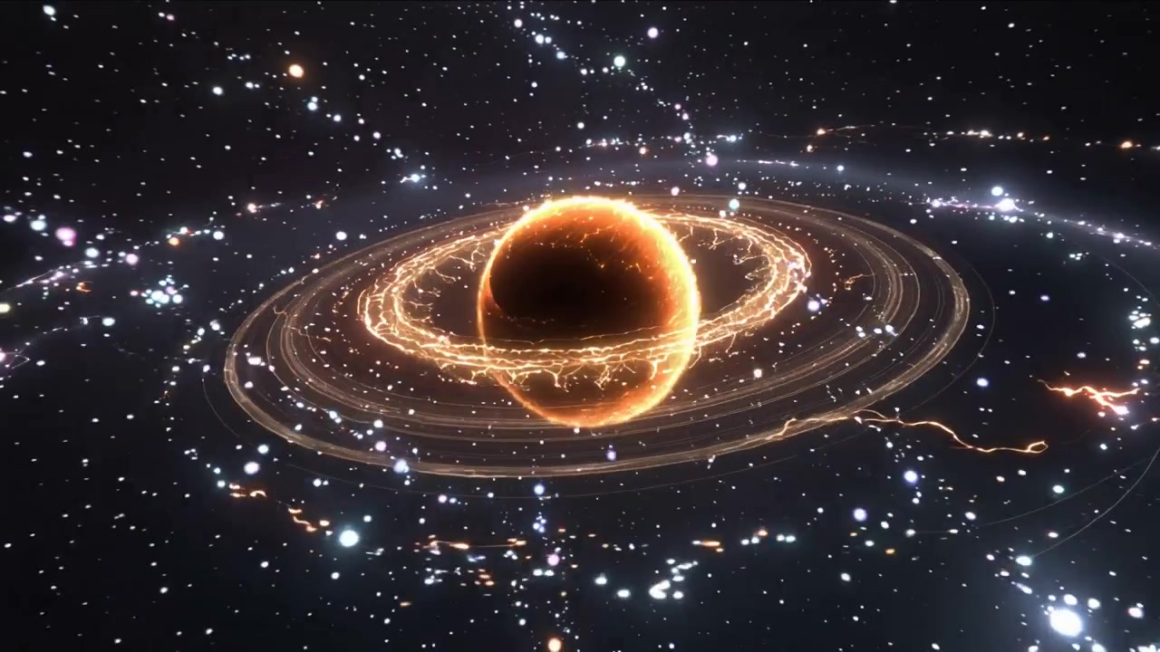 La telecamera si avvicina e orbita attorno a un globo arancione-dorato nello spazio, rivelando anelli che sprigionano filamenti di plasma.