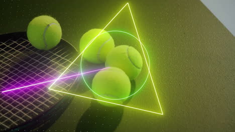 animation of colourful circle, triangle and square scanning tennis balls and racket on grass court