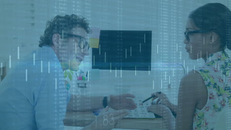 Two colleagues discussing work at desk with digital data overlay animation