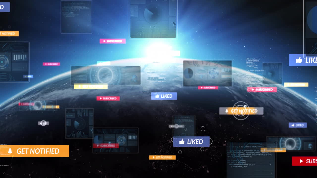 Animation of social media notifications over Earth in digital interface from space