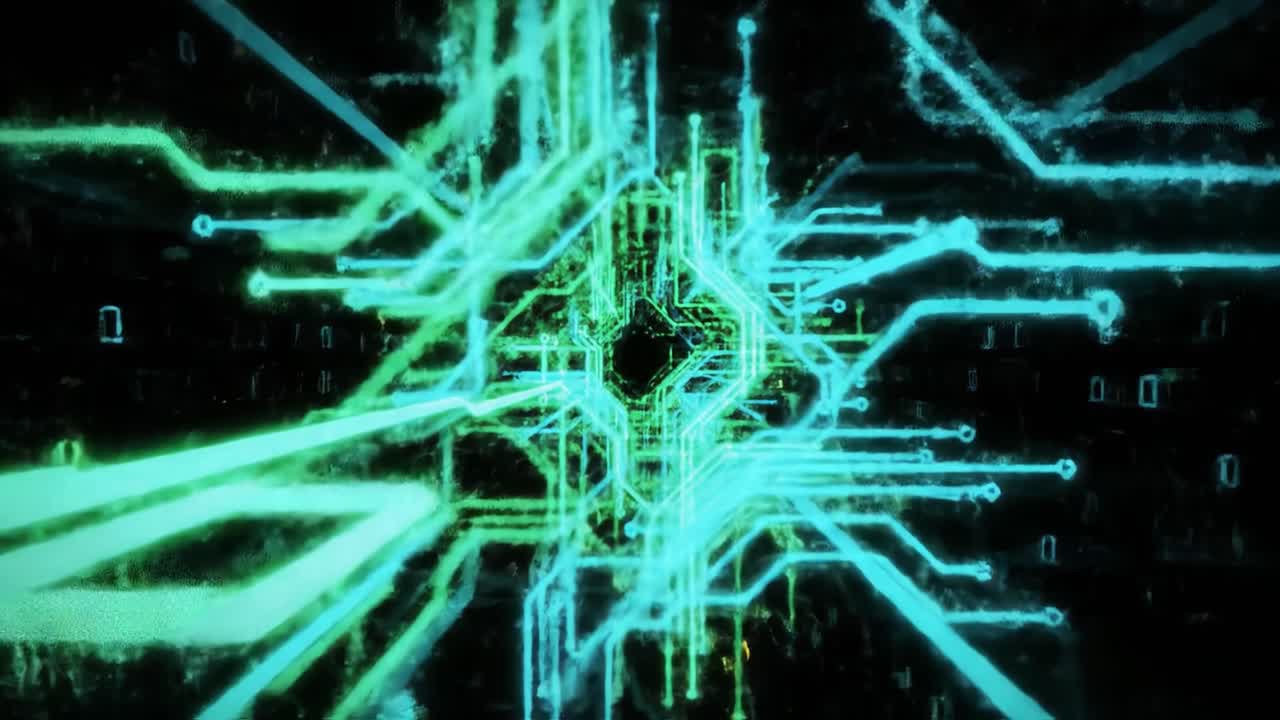 Exploring the Intricate World of Digital Networks: A Visual Journey Through Parts of a Circuitry Design with Glowing Blue and Green Lines on a Dark Background