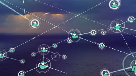 animación de redes de conexiones con iconos sobre el mar y el cielo