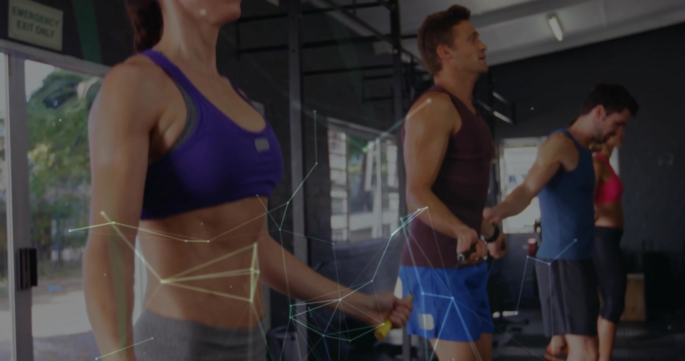 On cue left woman leading group skipping for cardio, camera panning up, overlays mapping motion