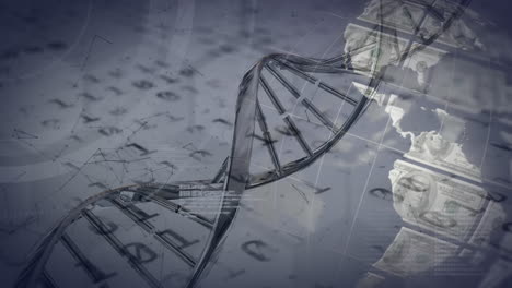 animation of rotating dna strand and globe of dollars over binary data processing