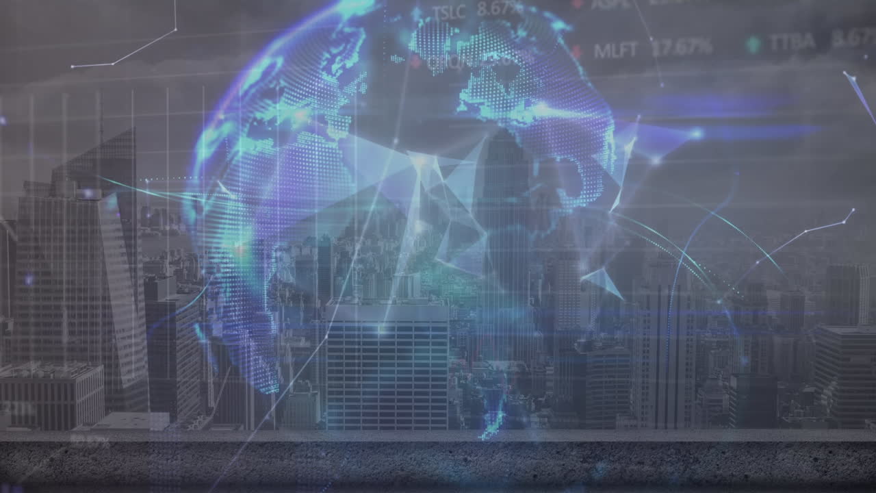 금융 데이터 처리 및 도시 풍경에 대한 지구의 애니메이션