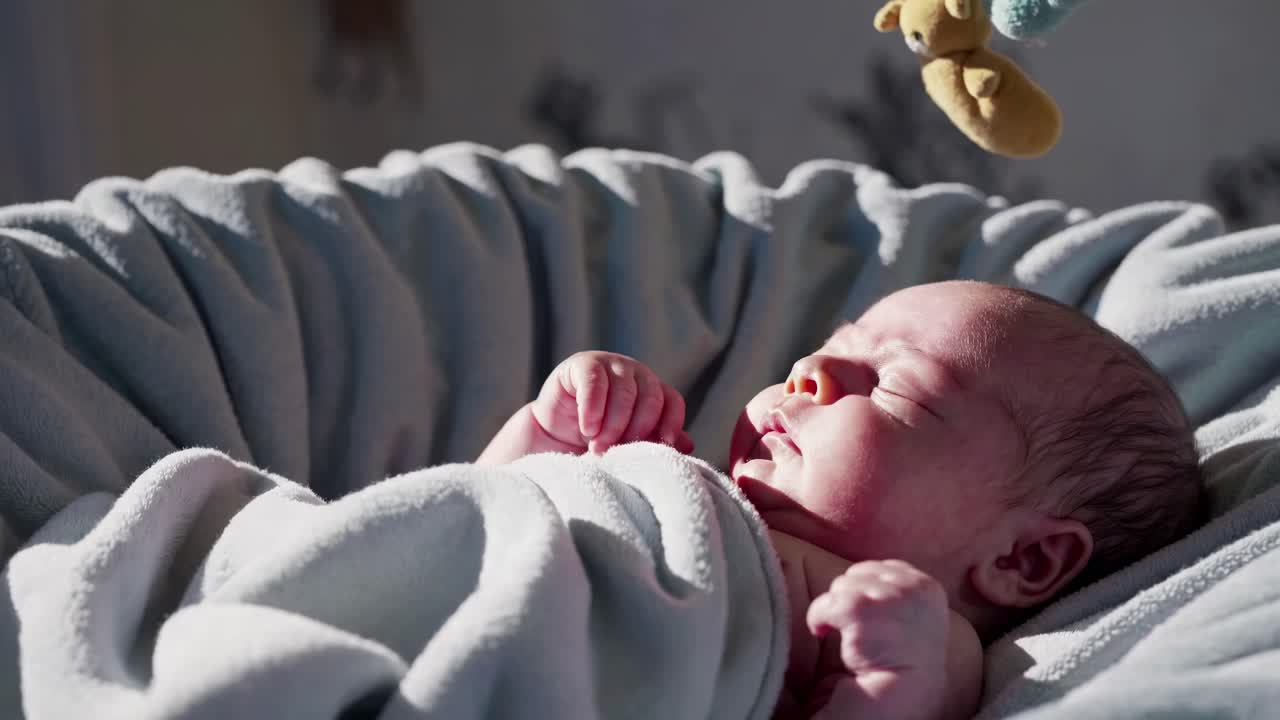 Un fermo immagine video sereno di un neonato che dorme in una luce soffusa, ripreso da un'angolazione dall'alto.