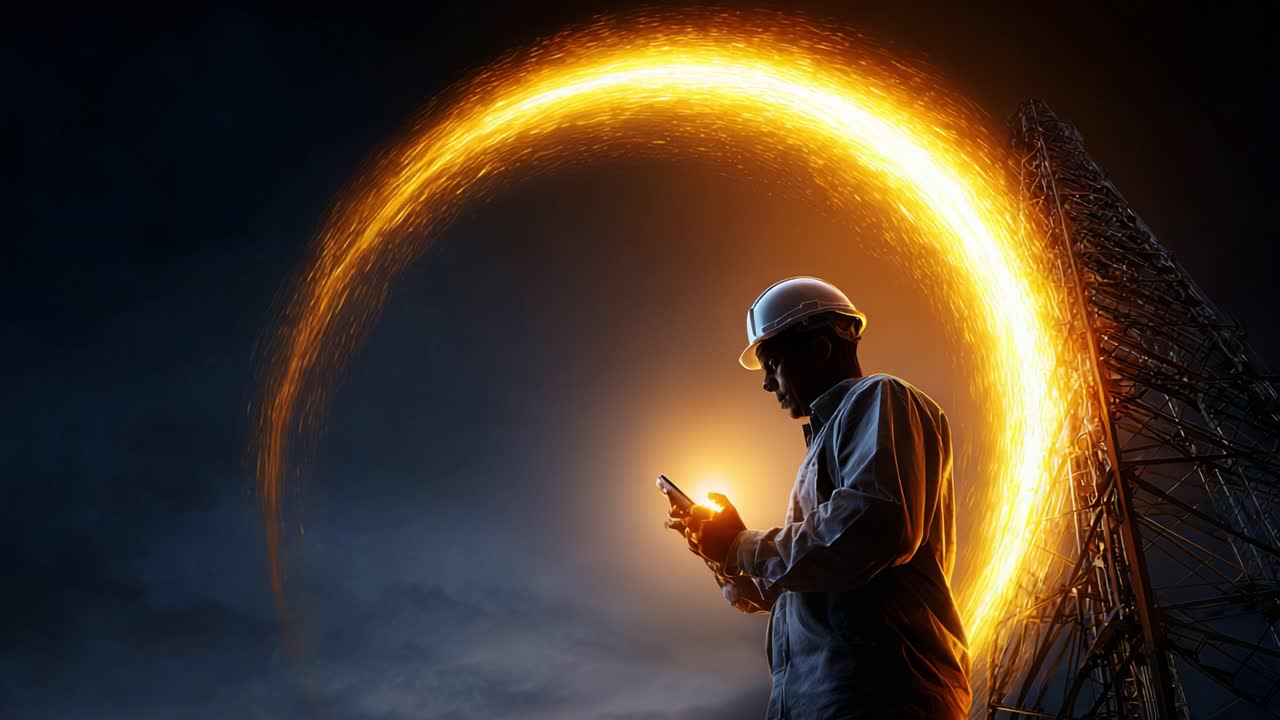 A worker in a hard hat stands against a nighttime sky, illuminated by a glowing energy circle, symbolizing technology and innovation in the telecommunications industry