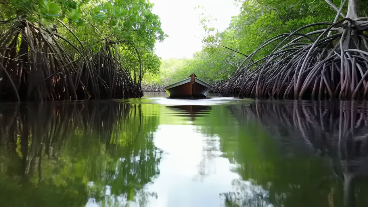 Tunnel di mangrovie con barca di legno che scivola attraverso acqua calma e riflettente, fitte radici aeree che incorniciano un passaggio stretto.