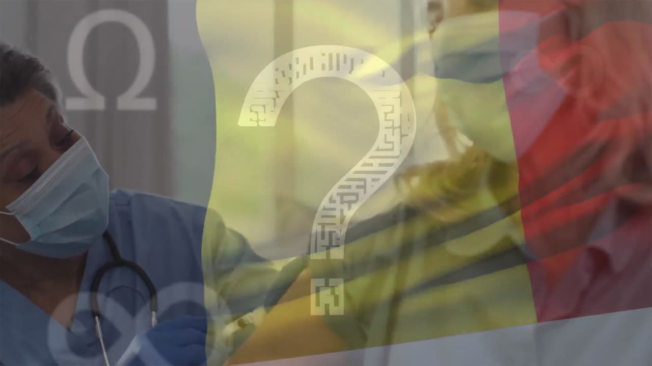 animación de la bandera de bélgica y símbolos sobre diversos médicos y pacientes