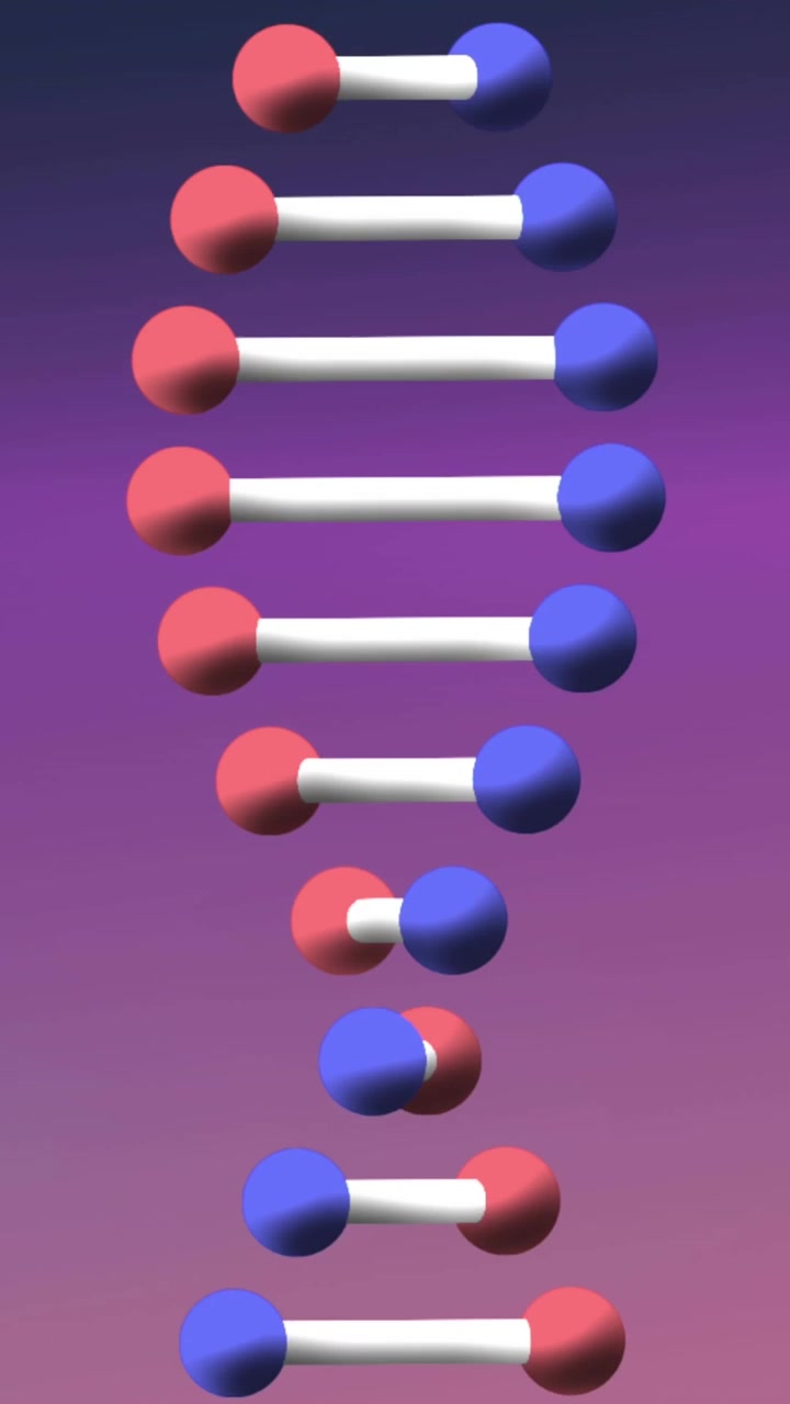 Animazione di cellule in caduta e filamento di DNA su sfondo rosa scuro.