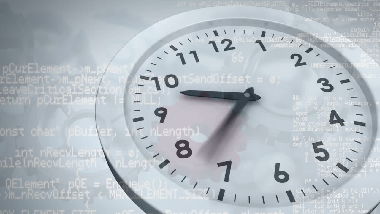 Animation of moving clock over data processing and cog wheels on white background