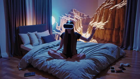 young woman immersed in virtual reality in her bedroom