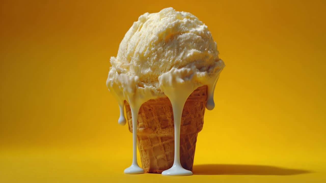 Deliciosos Cones de Sorvete Derretendo em um Fundo Amarelo Brilhante: Uma Vitrine Cativante de Doces em Toda a Sua Glória Cremosa e Gotejante