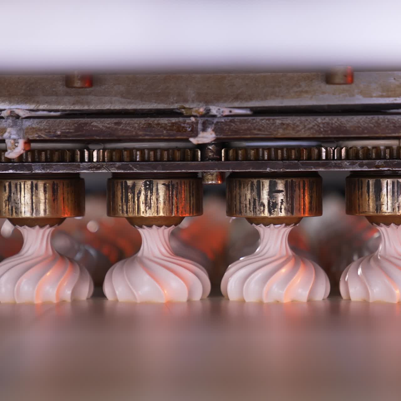 Metal nozzles are turning to squeeze creamy marshmallows on the conveyor belt. Confectionery production at food factory