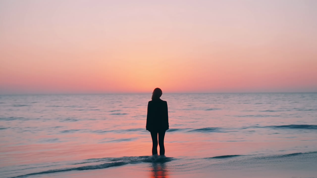 Lonely Beach Silhouette Watching Sunset Over Ocean, Person Standing In Shallow Surf, Pastel Sky Gradient,