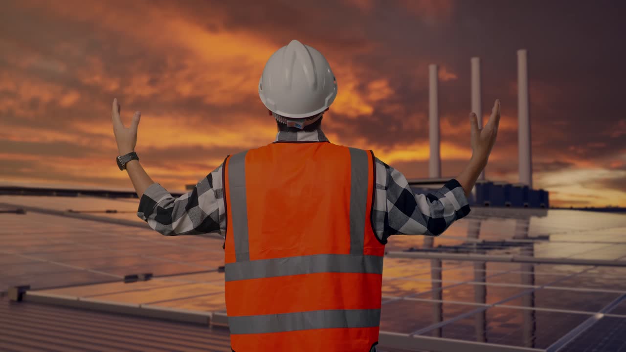 Back View Of A Male Engineer With Safety Helmet Spreading Arms While Standing, Inspecting Solar Panels on Rooftop at Sunset