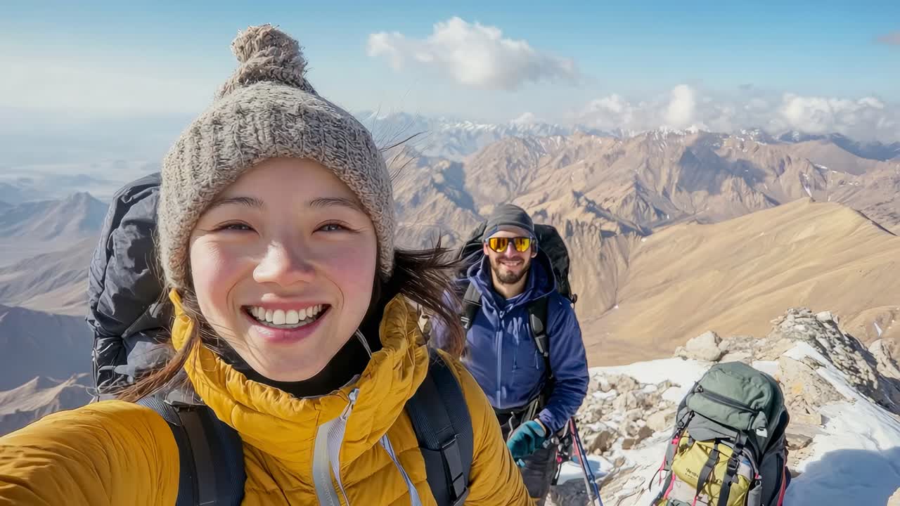 A joyful selfie video from a high-angle perspective, capturing two hikers on a snowy mountain peak
