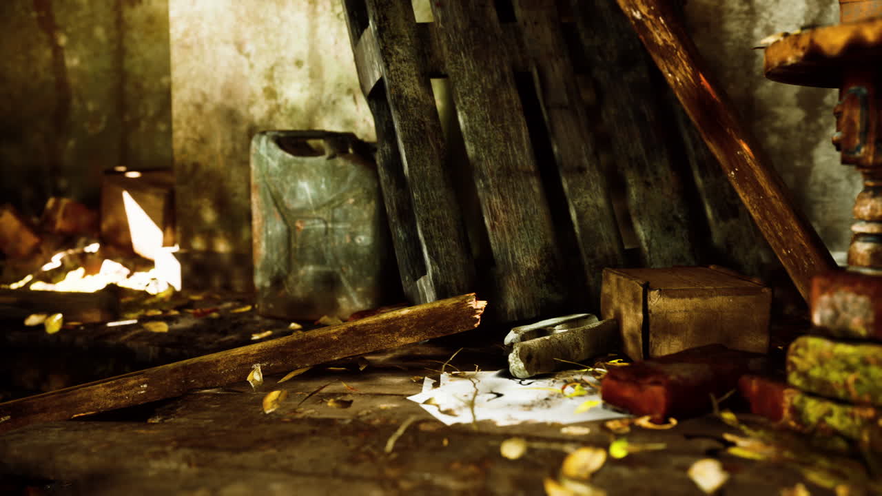 폐허가 된 버려진 식물로 뒤 ⁇ 인 내부