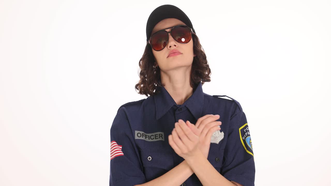 Confident Female Police Officer in Uniform and Sunglasses Posing