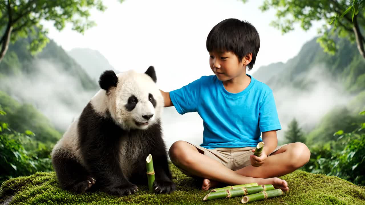 A boy and a panda sharing bamboo in nature