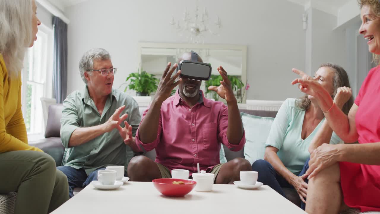 Animation of diverse female and male senior friends using vr headset and having fun