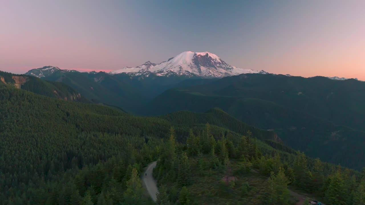 Drone shot of Mt Rainier during a glowing sunset in Washington State