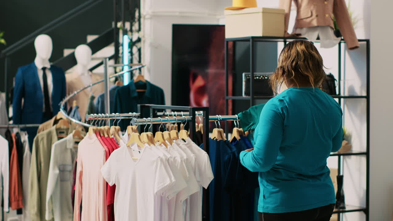 고객이 캐주얼 의류를 쇼핑하는 것