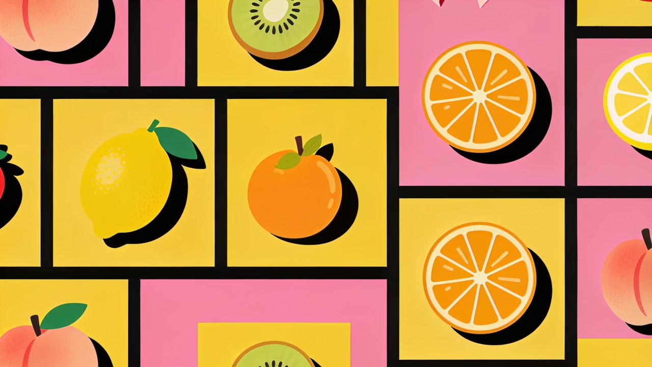Et spill med et gjentakende rutenett av gule eller rosa fruktfliser som glir over et panel, viser jordbær og appelsin.