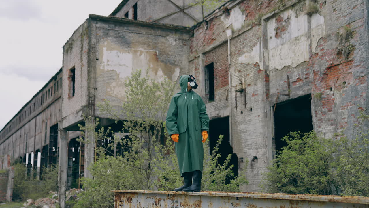 Survivor in protective chemical suit. Person in infected zone standing alone on the background of empty ruined building. Air pollution.