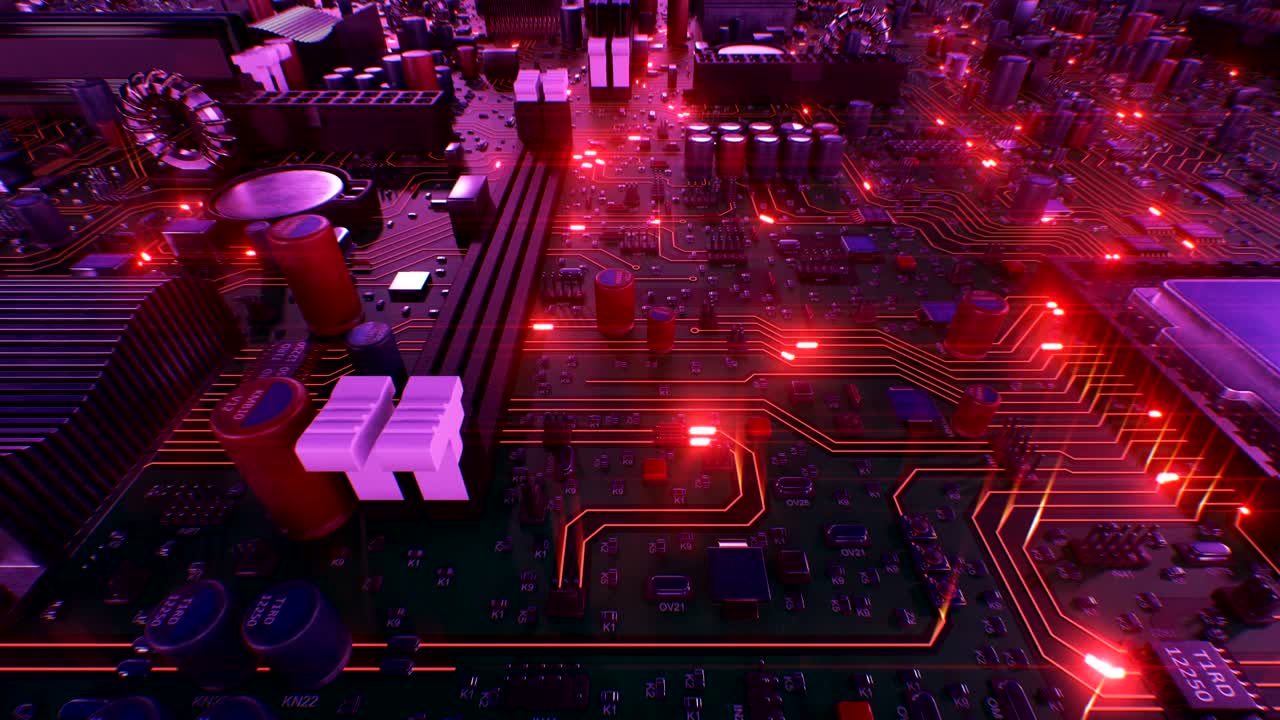 volando sobre la placa de circuito y los procesadores con luces rojas. animación en bucle 3d de la placa base y el cpus con llamaradas rojas. tecnología y concepto digital.
