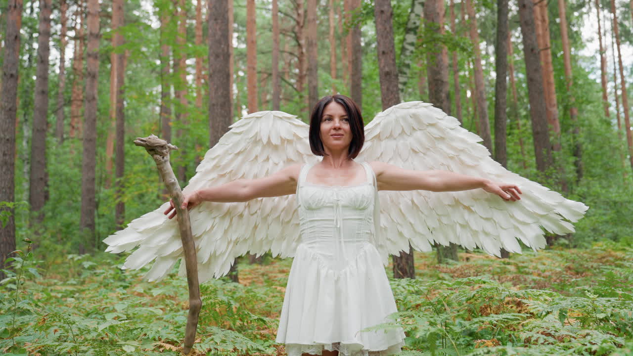 Amato da Eros con ali d'angelo, in piedi in un bosco lussureggiante, con le braccia spalancate e un bastone di legno in mano, circondato da alberi alti e una delicata luce verde, a simboleggiare la forza e la divina serenità dell'amore