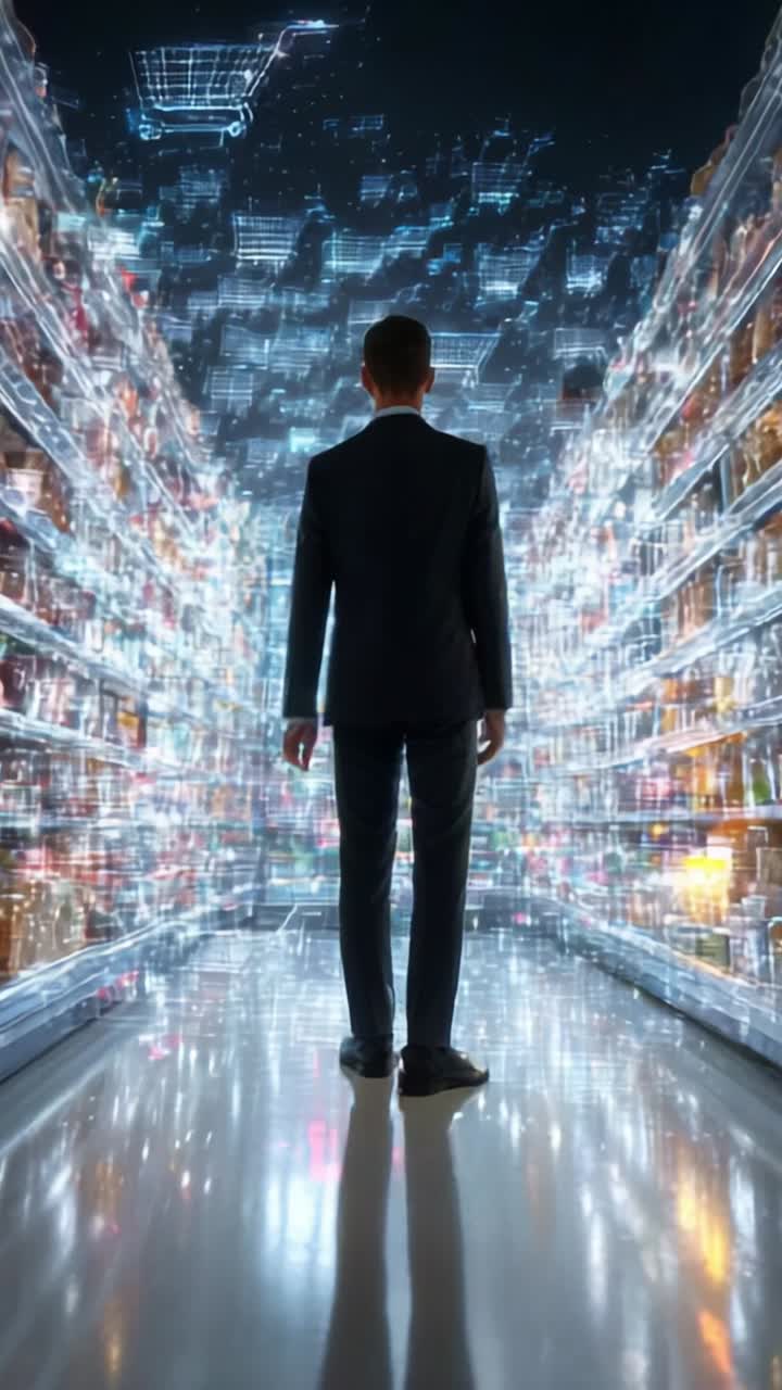 A business professional explores a futuristic digital environment filled with an intricate array of data and illuminated shelves, symbolizing innovation and technology