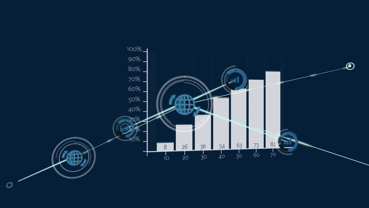 Animation of satistics and network of connections on dark background