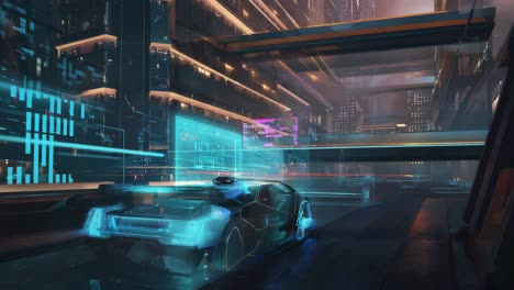 futuristic concept car with holographic interface in a cyberpunk city