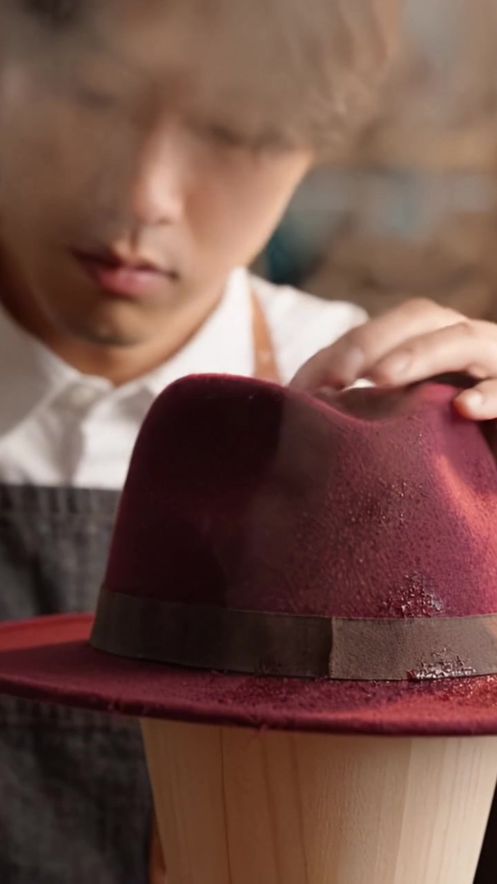 Artigianato in azione: Un abile artigiano perfeziona un cappello bordeaux con precisione e cura, mettendo in mostra l'arte della cappelleria in un ambiente professionale.
