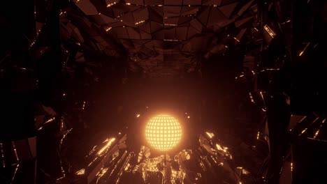 Forma-De-Bola-De-Discoteca-Dorada-Que-Ilumina-El-Camino-A-Seguir-En-Vidrio-Roto-Que-Refleja-La-Arquitectura-De-La-Superficie,-Animación-Gráfica-3d-Renderizada