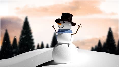 Animation-of-snow-falling-over-smiling-snowman-in-winter-scenery