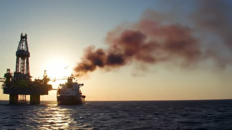 contrasting moments of offshore operations: a drilling platform at sunset with smoke emitting from a nearby vessel in the calm water of the ocean